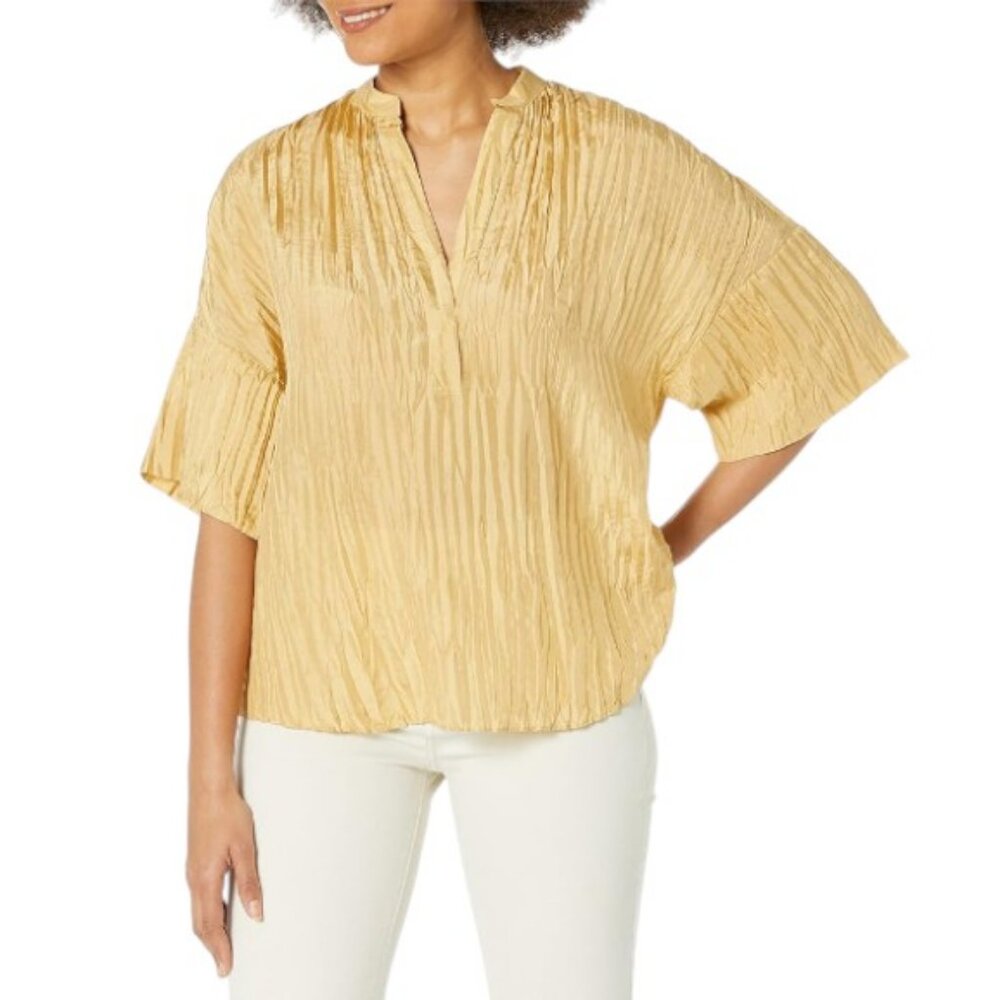 Vince burnt yellow crushed band collar pleated blouse size XS NWT